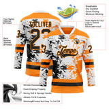 Custom Bay Orange Black-White 3D Pattern Abstract Splatter Paint Hockey Lace Neck Jersey