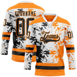 Custom Bay Orange Black-White 3D Pattern Abstract Splatter Paint Hockey Lace Neck Jersey