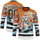 Custom Texas Orange Black Blue Yellow-White 3D Pattern Abstract Splatter Paint Hockey Lace Neck Jersey