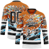Custom Texas Orange Black Blue Yellow-White 3D Pattern Abstract Splatter Paint Hockey Lace Neck Jersey