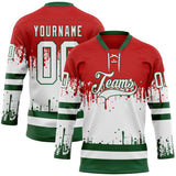 Custom Red White-Green 3D Pattern Abstract Splatter Paint Mexico Christmas Hockey Lace Neck Jersey