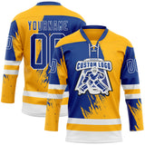 Custom Gold Royal-White 3D Pattern Abstract Splatter Paint Hockey Lace Neck Jersey