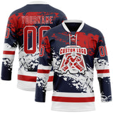 Custom Navy Red-White 3D Pattern Abstract Splatter Paint Hockey Lace Neck Jersey