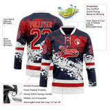 Custom Navy Red-White 3D Pattern Abstract Splatter Paint Hockey Lace Neck Jersey