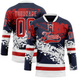 Custom Navy Red-White 3D Pattern Abstract Splatter Paint Hockey Lace Neck Jersey