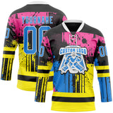 Custom Black Powder Blue Pink Yellow-White 3D Pattern Abstract Splatter Paint Hockey Lace Neck Jersey