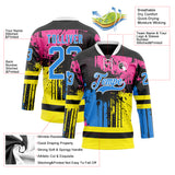 Custom Black Powder Blue Pink Yellow-White 3D Pattern Abstract Splatter Paint Hockey Lace Neck Jersey