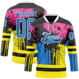 Custom Black Powder Blue Pink Yellow-White 3D Pattern Abstract Splatter Paint Hockey Lace Neck Jersey