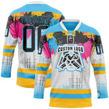 Custom White Black Sky Blue Pink-Gold 3D Pattern Abstract Splatter Paint Hockey Lace Neck Jersey