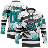 Custom White Teal-Black 3D Pattern Abstract Splatter Paint Hockey Lace Neck Jersey