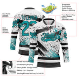 Custom White Teal-Black 3D Pattern Abstract Splatter Paint Hockey Lace Neck Jersey
