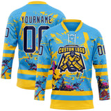 Custom Sky Blue Navy Yellow Red-White 3D Pattern Abstract Splatter Paint Hockey Lace Neck Jersey