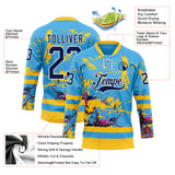 Custom Sky Blue Navy Yellow Red-White 3D Pattern Abstract Splatter Paint Hockey Lace Neck Jersey