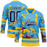 Custom Sky Blue Navy Yellow Red-White 3D Pattern Abstract Splatter Paint Hockey Lace Neck Jersey