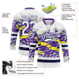 Custom White Purple Yellow-Navy 3D Pattern Abstract Splatter Paint Grunge Hockey Lace Neck Jersey
