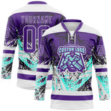 Custom Purple Green-White 3D Pattern Abstract Splatter Paint Grunge Hockey Lace Neck Jersey