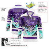 Custom Purple Green-White 3D Pattern Abstract Splatter Paint Grunge Hockey Lace Neck Jersey