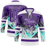 Custom Purple Green-White 3D Pattern Abstract Splatter Paint Grunge Hockey Lace Neck Jersey