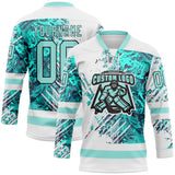 Custom White Ice Blue-Black 3D Pattern Abstract Splatter Paint Hockey Lace Neck Jersey