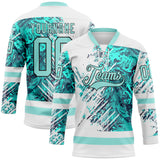 Custom White Ice Blue-Black 3D Pattern Abstract Splatter Paint Hockey Lace Neck Jersey