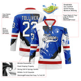 Custom White Thunder Blue Red-Black 3D Pattern Abstract Splatter Paint Hockey Lace Neck Jersey