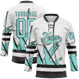 Custom White Ice Blue-Black 3D Pattern Abstract Splatter Paint Hockey Lace Neck Jersey