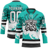Custom Aqua White-Black 3D Pattern Abstract Splatter Paint Hockey Lace Neck Jersey