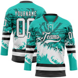 Custom Aqua White-Black 3D Pattern Abstract Splatter Paint Hockey Lace Neck Jersey