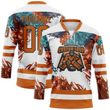 Custom White Texas Orange Green-Black 3D Pattern Abstract Splatter Paint Hockey Lace Neck Jersey