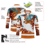 Custom White Texas Orange Green-Black 3D Pattern Abstract Splatter Paint Hockey Lace Neck Jersey