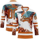 Custom White Texas Orange Green-Black 3D Pattern Abstract Splatter Paint Hockey Lace Neck Jersey