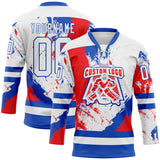 Custom White Thunder Blue-Red 3D Pattern Abstract Splatter Paint Hockey Lace Neck Jersey