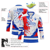 Custom White Thunder Blue-Red 3D Pattern Abstract Splatter Paint Hockey Lace Neck Jersey