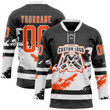 Custom Black Orange-White 3D Pattern Abstract Splatter Paint Hockey Lace Neck Jersey