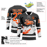 Custom Black Orange-White 3D Pattern Abstract Splatter Paint Hockey Lace Neck Jersey