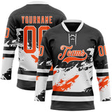 Custom Black Orange-White 3D Pattern Abstract Splatter Paint Hockey Lace Neck Jersey