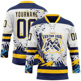 Custom White Navy-Yellow 3D Pattern Abstract Splatter Paint Hockey Lace Neck Jersey