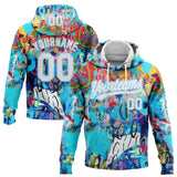 Custom Stitched Graffiti Pattern White-Light Blue 3D Abstract Splash Sports Pullover Sweatshirt Hoodie