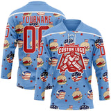 Custom Light Blue Red-White American Flag Hockey Lace Neck Jersey