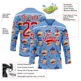 Custom Light Blue Red-White American Flag Hockey Lace Neck Jersey