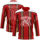 Custom Red Old Gold Black-White 3D Pattern Design Stripe Hockey Lace Neck Jersey