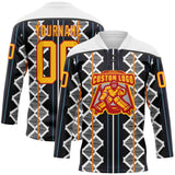 Custom Black Gold Blue Red-White 3D Pattern Design Stripe Geometric Hockey Lace Neck Jersey