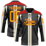 Custom Black Gold Cream-Red 3D Pattern Design Stripe Hockey Lace Neck Jersey