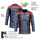Custom Blue Navy Black Red-White 3D Pattern Design Stripe Hockey Lace Neck Jersey