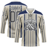 Custom Cream Steel Gray Navy-White 3D Pattern Design Stripe Hockey Lace Neck Jersey