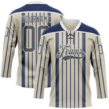 Custom Cream Steel Gray Navy-White 3D Pattern Design Stripe Hockey Lace Neck Jersey