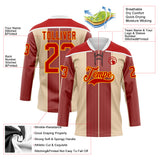 Custom Red Cream Gold-White 3D Pattern Design Stripe Hockey Lace Neck Jersey