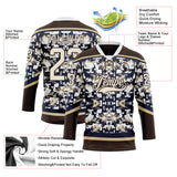 Custom Navy Cream Brown-Vegas Gold 3D Pattern Tribal Indigenous Grunge Floral Splash Hockey Lace Neck Jersey