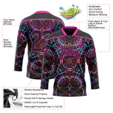 Custom Black Deep Pink-Blue 3D Pattern Trippy Psychedelic Geometric Hockey Lace Neck Jersey