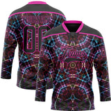 Custom Black Deep Pink-Blue 3D Pattern Trippy Psychedelic Geometric Hockey Lace Neck Jersey